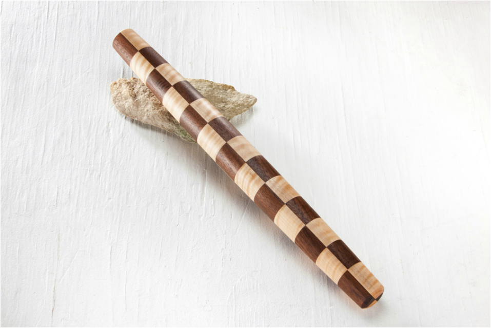 Checkerboard style French rolling pin in maple and walnut.